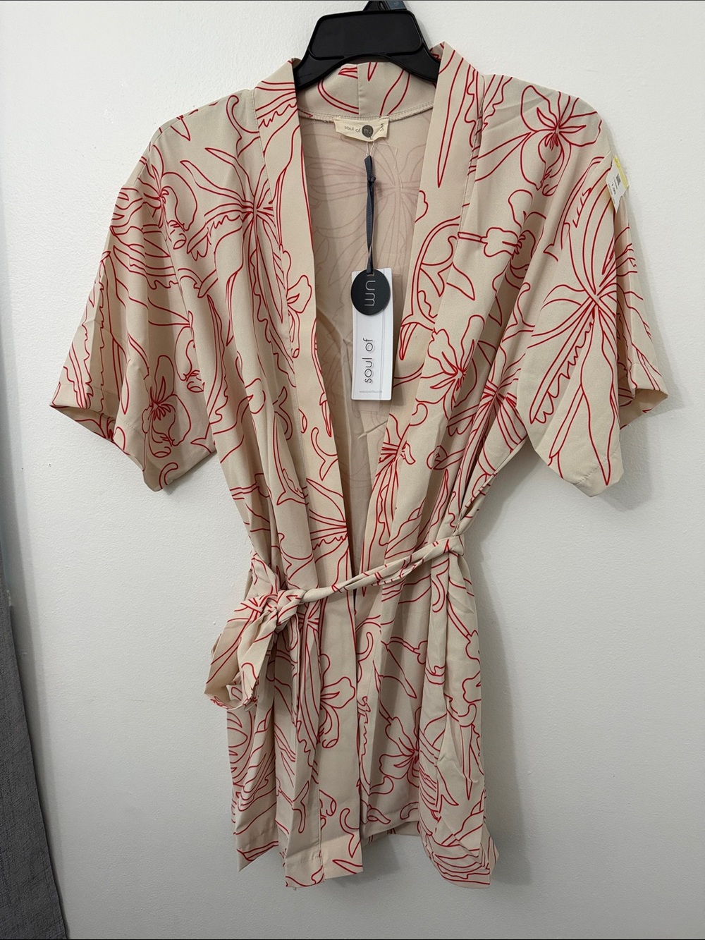 Lightweight Beige kimono with Red Floral Outline - Intimates & Sleepwear